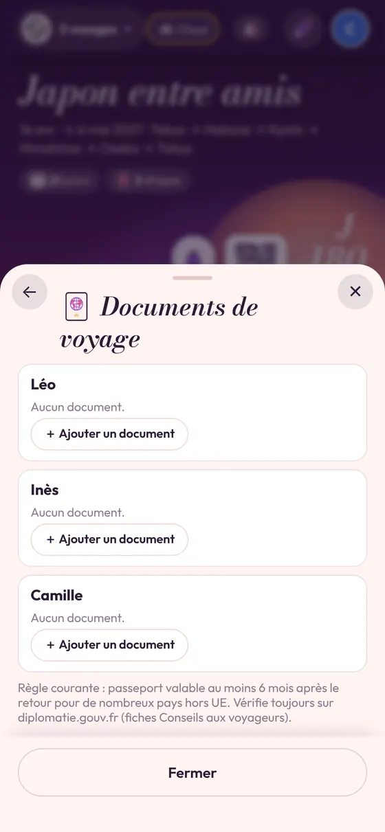 Les documents de voyage de chaque voyageur