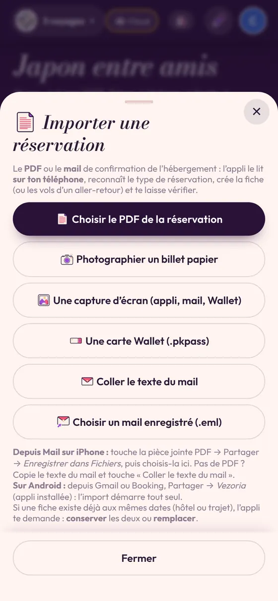 L’import d’une réservation : PDF, capture, photo, mail