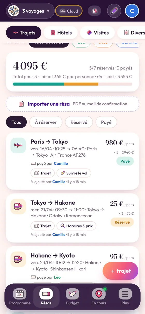 La liste des trajets du voyage, avec leur prix et leur état